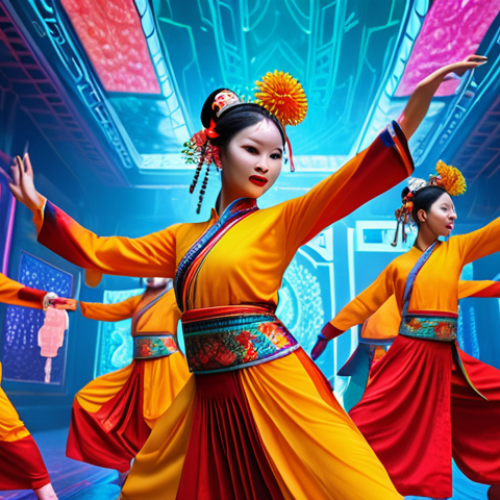 Home 4 "A vibrant digital art piece showcasing traditional Vietnamese dancers in áo dài, seamlessly blended with futuristic NFT blockchain visuals, symbolizing the fusion of culture and technology. Bright colors, dynamic movement, digital interfaces."