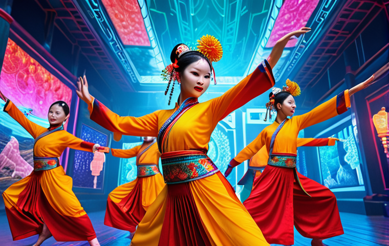 "A vibrant digital art piece showcasing traditional Vietnamese dancers in áo dài, seamlessly blended with futuristic NFT blockchain visuals, symbolizing the fusion of culture and technology. Bright colors, dynamic movement, digital interfaces."