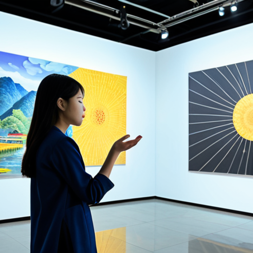 A professional young Vietnamese woman, fully clothed in modern, modest attire, stands in a brightly lit, contemporary art gallery. She is interacting with a holographic projection of a traditional Vietnamese painting, her hand gracefully gesturing towards the interactive display. The background shows subtle digital art installations and a clean, minimalist aesthetic. The scene conveys a blend of heritage and digital innovation. Professional photography, high quality, perfect anatomy, correct proportions, natural pose, well-formed hands, proper finger count, natural body proportions, safe for work, appropriate content, fully clothed, professional, family-friendly.