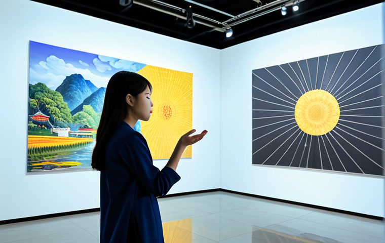 A professional young Vietnamese woman, fully clothed in modern, modest attire, stands in a brightly lit, contemporary art gallery. She is interacting with a holographic projection of a traditional Vietnamese painting, her hand gracefully gesturing towards the interactive display. The background shows subtle digital art installations and a clean, minimalist aesthetic. The scene conveys a blend of heritage and digital innovation. Professional photography, high quality, perfect anatomy, correct proportions, natural pose, well-formed hands, proper finger count, natural body proportions, safe for work, appropriate content, fully clothed, professional, family-friendly.