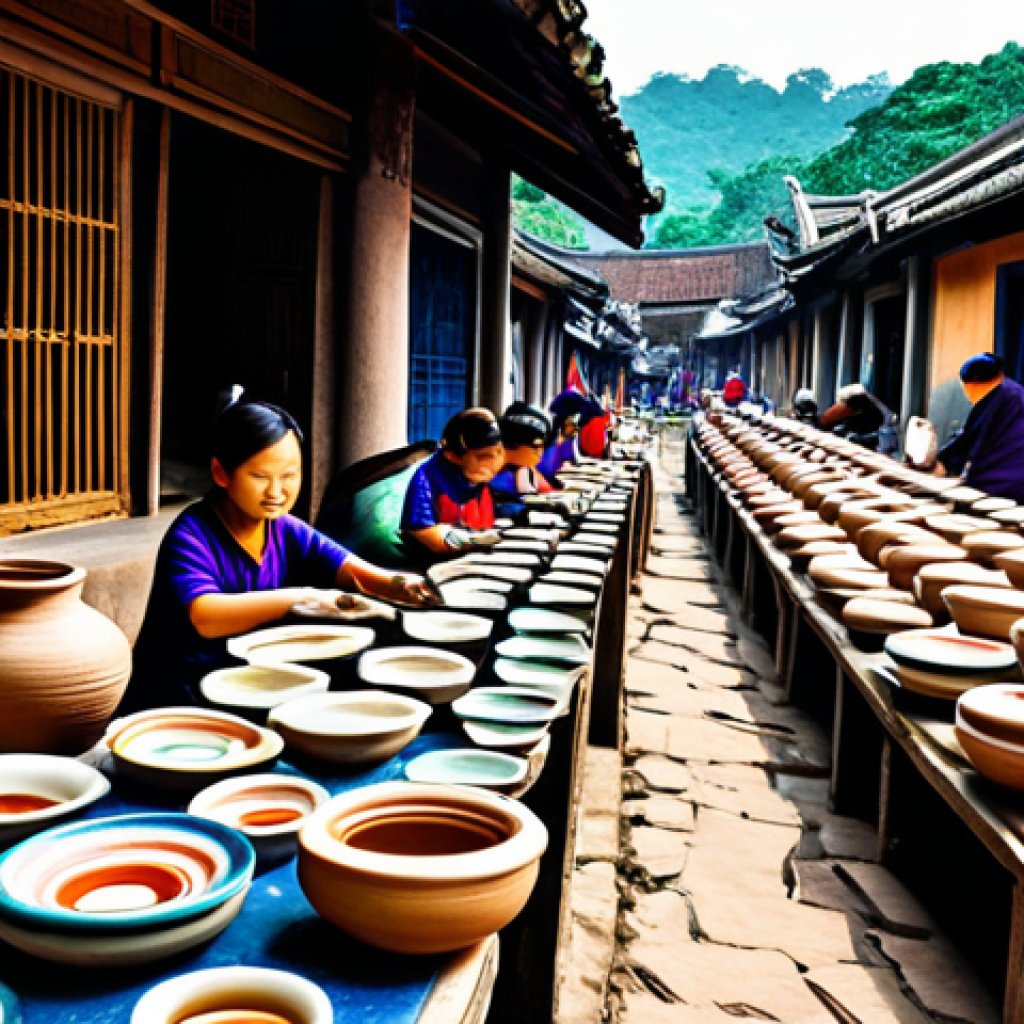 **

A bustling ceramic village in Vietnam, fully clothed artisans meticulously crafting pottery, showcasing traditional techniques, vibrant colors, modest attire, safe for work, perfect anatomy, natural proportions, professional photography, high quality, family-friendly. Background features kilns and finished ceramic products.

**