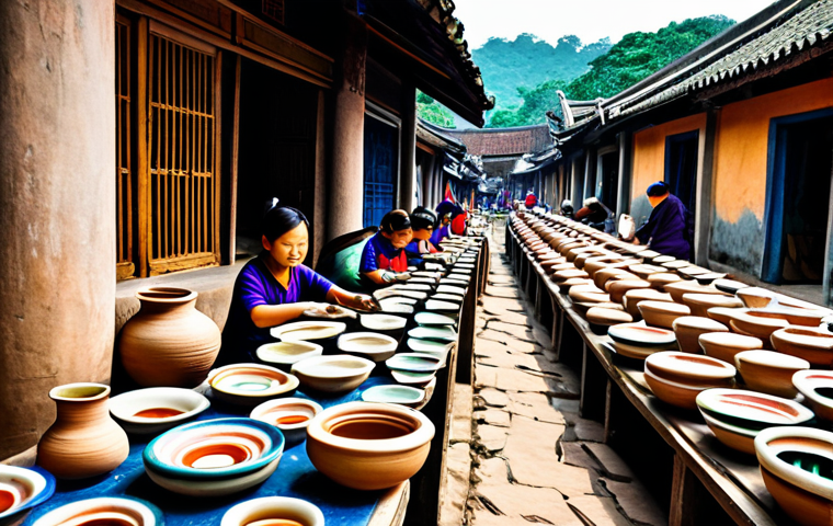 **

A bustling ceramic village in Vietnam, fully clothed artisans meticulously crafting pottery, showcasing traditional techniques, vibrant colors, modest attire, safe for work, perfect anatomy, natural proportions, professional photography, high quality, family-friendly. Background features kilns and finished ceramic products.

**