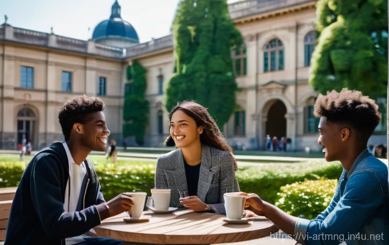 해외 예술경영 교육 과정 - **Prompt:** A dynamic, brightly lit, state-of-the-art university classroom or studio. A diverse grou...