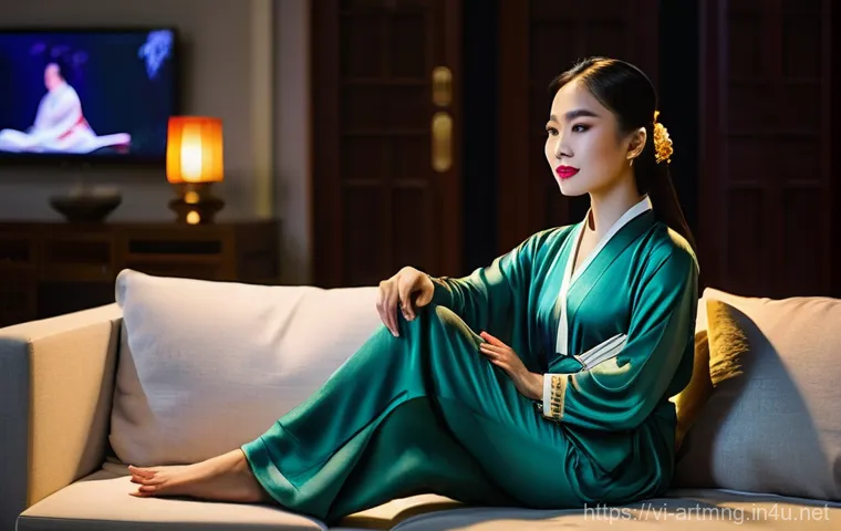 디지털 공연 플랫폼 - **Prompt:** A young Vietnamese woman, aged 20s, elegantly dressed in a comfortable yet stylish silk ...