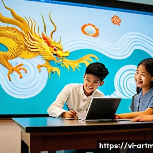 문화예술 데이터 시각화 - **Prompt:** "A vibrant image depicting a group of Vietnamese teenagers, diverse in appearance, gathe...