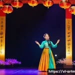 문화예술 공모전 전략 - A vibrant scene of a Vietnamese cultural art competition stage with a young female singer dressed in...