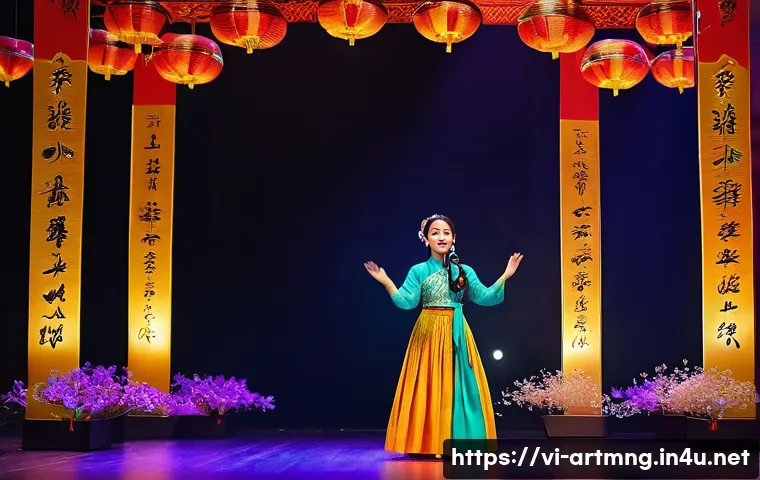 문화예술 공모전 전략 - A vibrant scene of a Vietnamese cultural art competition stage with a young female singer dressed in...