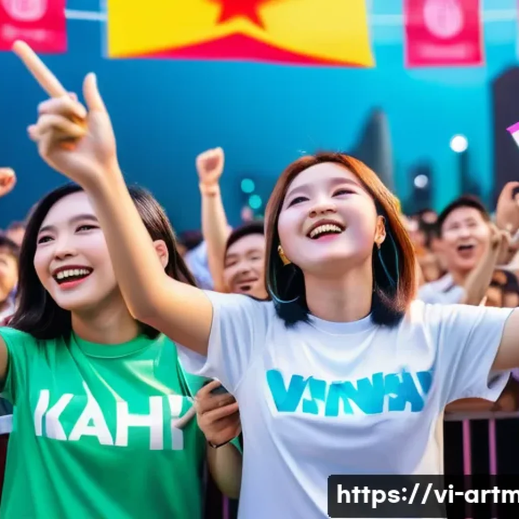 공연예술과 팬덤 경제 - A vibrant K-pop concert scene in Ho Chi Minh City, featuring enthusiastic Vietnamese fans wearing co...