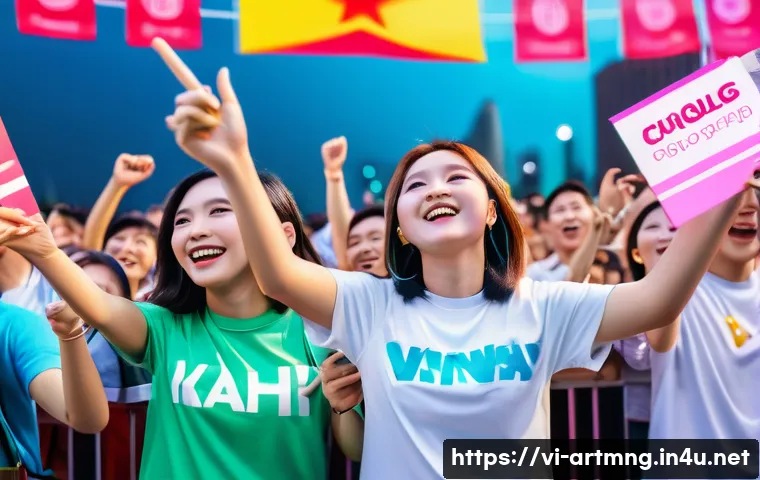공연예술과 팬덤 경제 - A vibrant K-pop concert scene in Ho Chi Minh City, featuring enthusiastic Vietnamese fans wearing co...