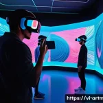 예술과 메타버스 - A futuristic virtual reality art gallery scene set in a vibrant metaverse environment, featuring div...