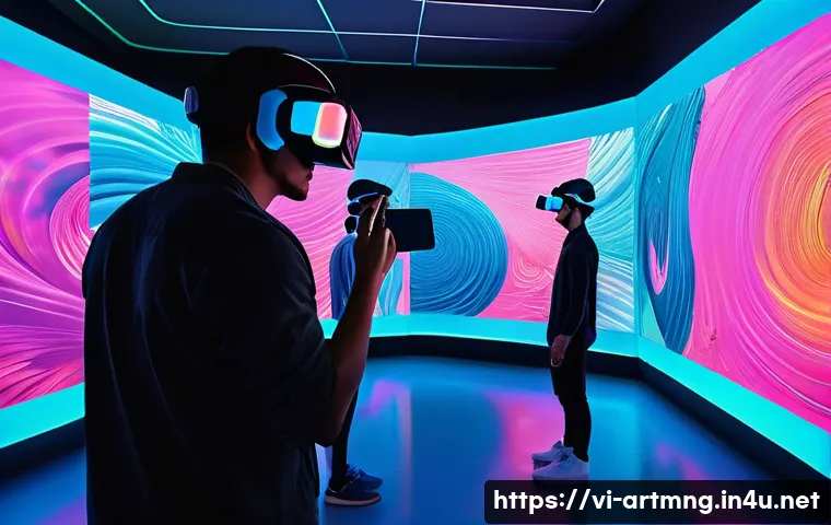 예술과 메타버스 - A futuristic virtual reality art gallery scene set in a vibrant metaverse environment, featuring div...
