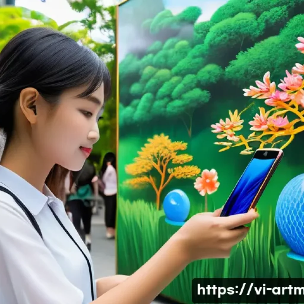 문화예술 마케팅 캠페인 사례 - A vibrant outdoor art exhibition in Ho Chi Minh City featuring interactive augmented reality install...