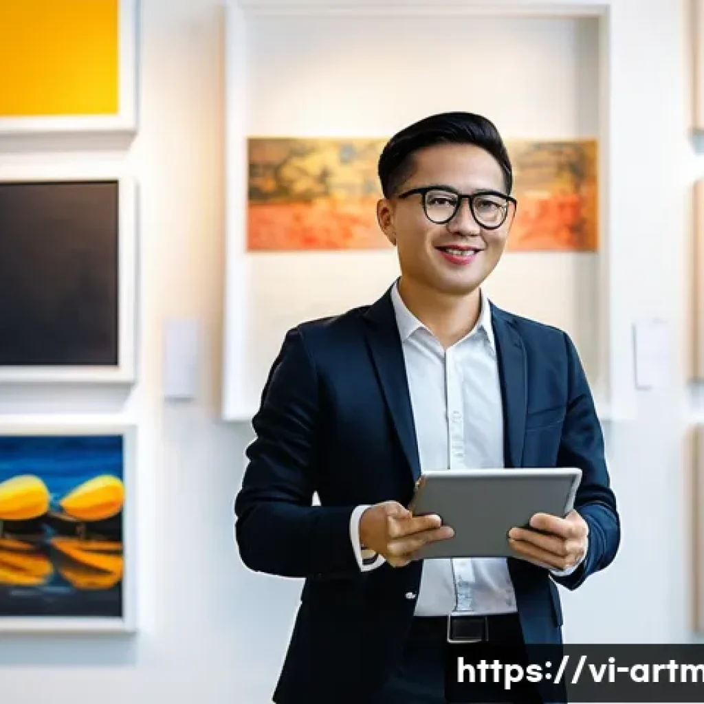 예술경영학 석사과정 - A professional art manager coordinating a vibrant contemporary art exhibition in Ho Chi Minh City, V...