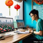 예술경영 취업 및 진로 - A vibrant digital art studio scene in Vietnam featuring a young Vietnamese digital artist working in...
