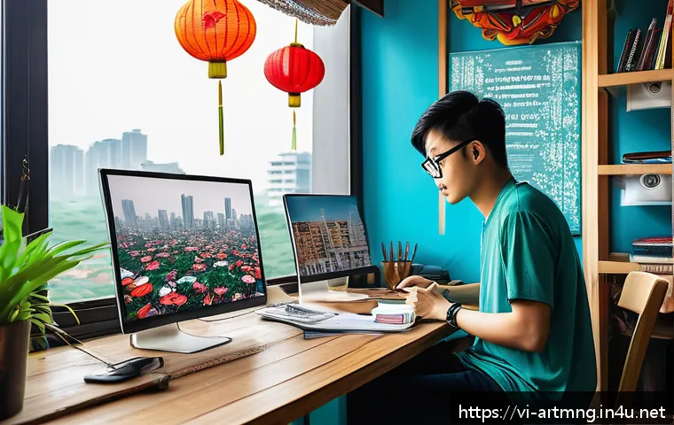 예술경영 취업 및 진로 - A vibrant digital art studio scene in Vietnam featuring a young Vietnamese digital artist working in...