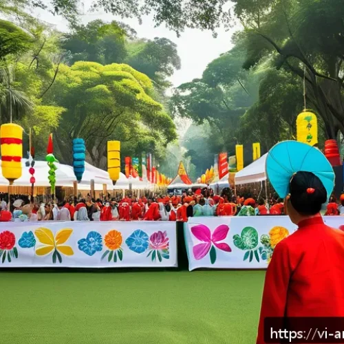 문화예술 재단 운영 전략 - A vibrant Vietnamese community art festival held outdoors in a bustling urban park in Hanoi, featuri...