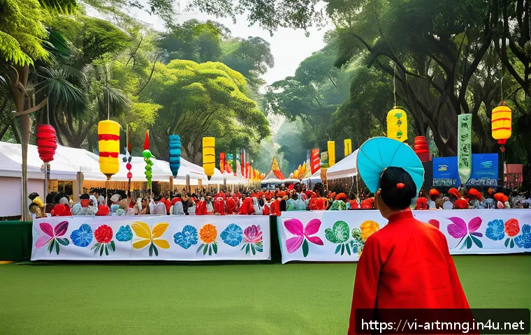 문화예술 재단 운영 전략 - A vibrant Vietnamese community art festival held outdoors in a bustling urban park in Hanoi, featuri...