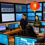 예술경영과 빅데이터 - A modern Vietnamese music production studio scene showcasing a diverse team analyzing big data on mu...