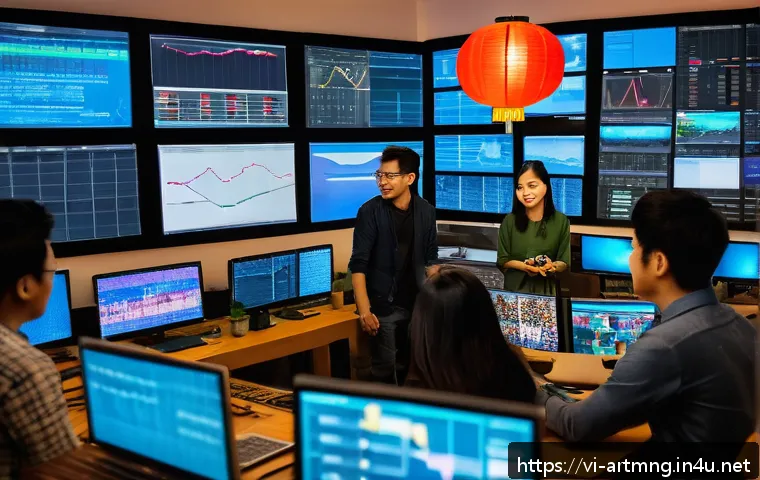 예술경영과 빅데이터 - A modern Vietnamese music production studio scene showcasing a diverse team analyzing big data on mu...