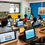 아트센터 경영 - A modern Vietnamese art education center interior bustling with diverse students of various ages&mdash;chi...