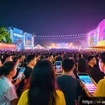 공연예술 경영 - A vibrant outdoor music festival scene in Ho Chi Minh City at sunset, featuring a diverse crowd of y...