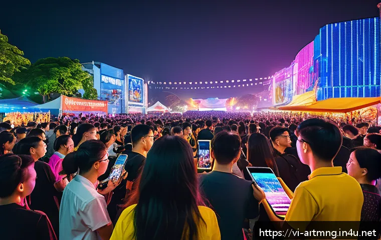 공연예술 경영 - A vibrant outdoor music festival scene in Ho Chi Minh City at sunset, featuring a diverse crowd of y...