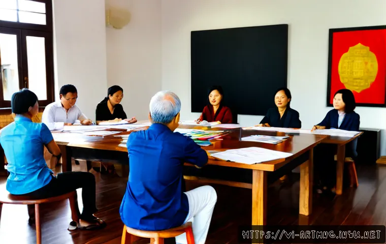 예술 조직 운영 - Photorealistic Vietnamese arts organization planning meeting in a bright contemporary Hanoi creative...