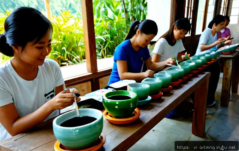 예술과 사회적 기업 - Photorealistic documentary-style scene of a Vietnamese social enterprise art workshop in Hanoi, dive...
