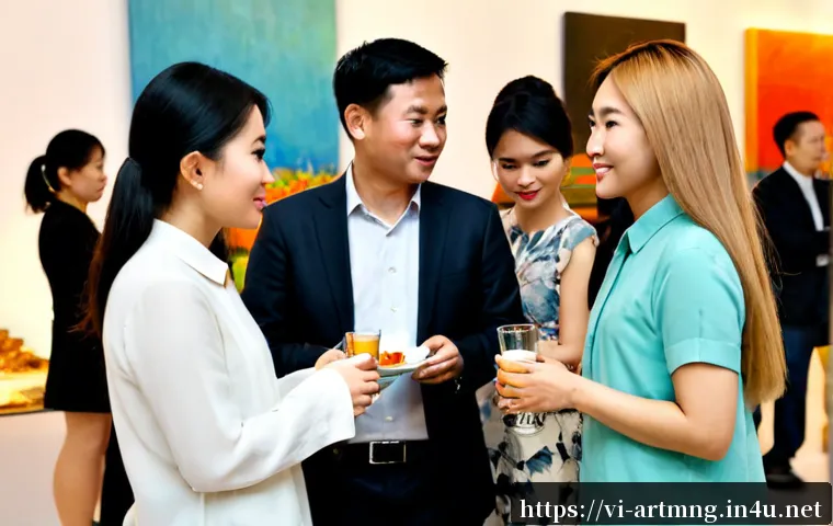 Home 30 문화예술 네트워킹 전략 - Photorealistic cultural arts networking reception in a contemporary Hanoi gallery, Vietnamese painte...