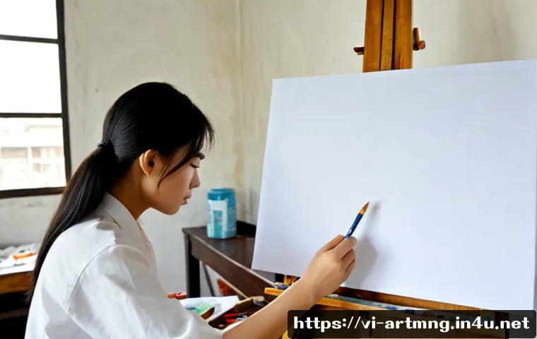 Home 17 예술과 법적 문제 - Photorealistic Vietnamese contemporary art studio, a young Vietnamese painter in modest everyday clo...
